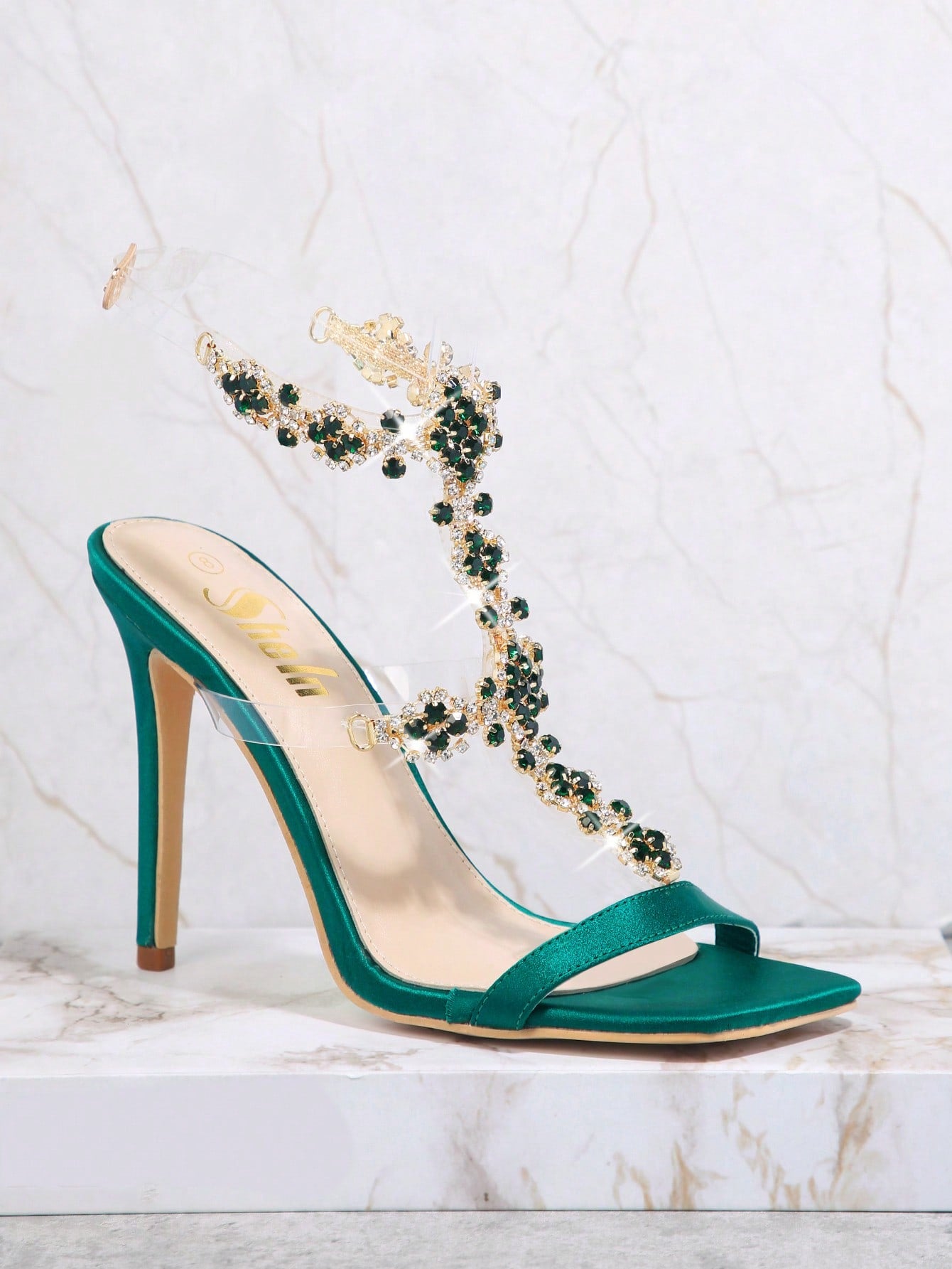 Haute Rhinestone Ankle Strap Open Toe Heels