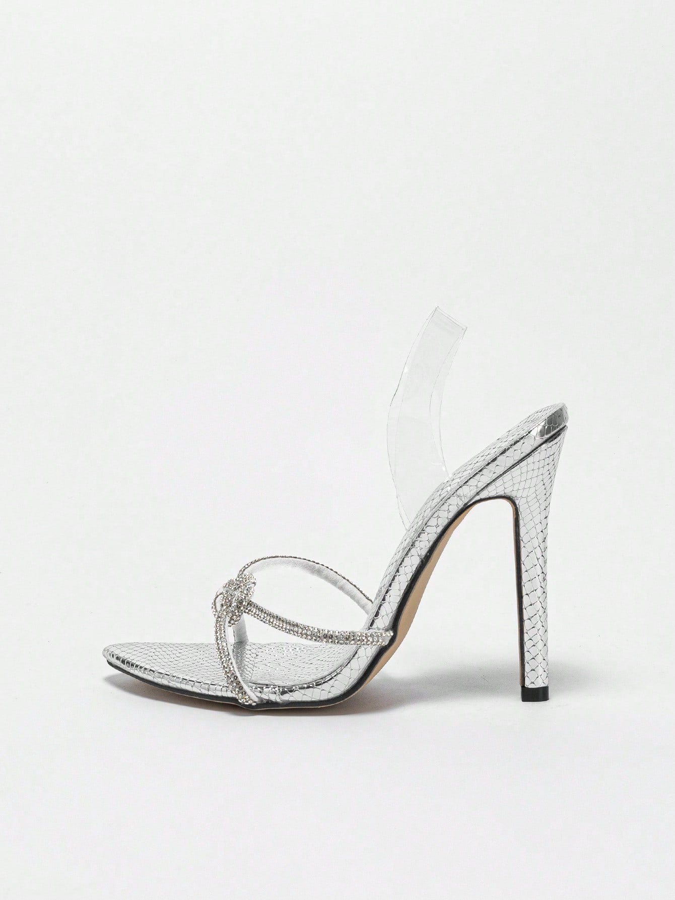 Pointed Toe Thin Heel Sandals With Metallic Snake Print, Rhinestone And Glass Adornments