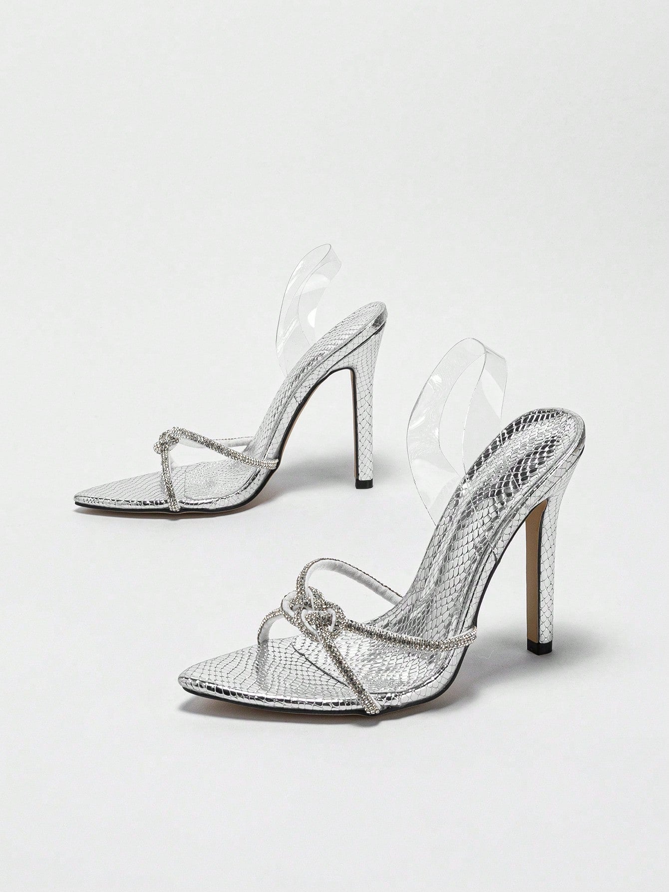 Pointed Toe Thin Heel Sandals With Metallic Snake Print, Rhinestone And Glass Adornments