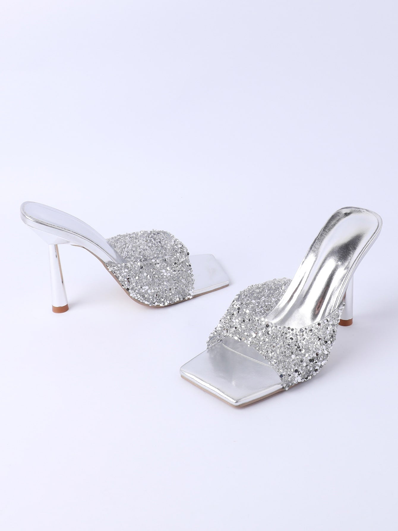 Fashion High Heel Sandals Metal Sequin Embellished Stiletto Mule Sandals