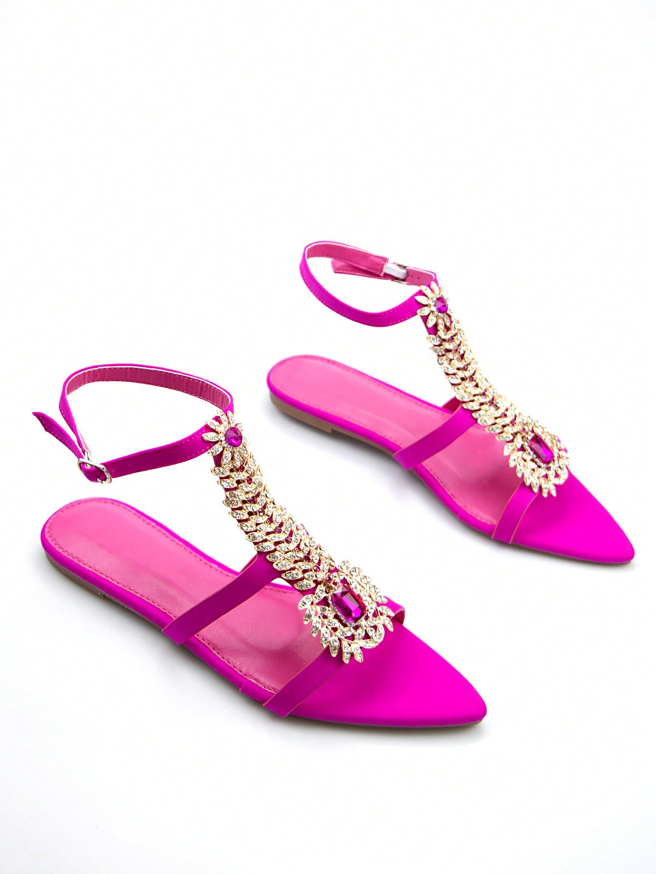 Women's Chic Rhinestone Chain Buckle Decoration Lycra Pointed Toe Slingback Party Flat Sandals