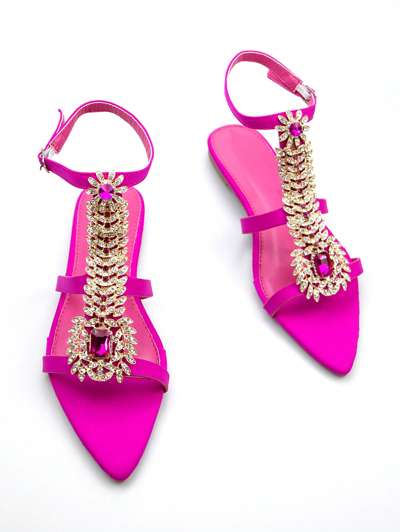 Women's Chic Rhinestone Chain Buckle Decoration Lycra Pointed Toe Slingback Party Flat Sandals