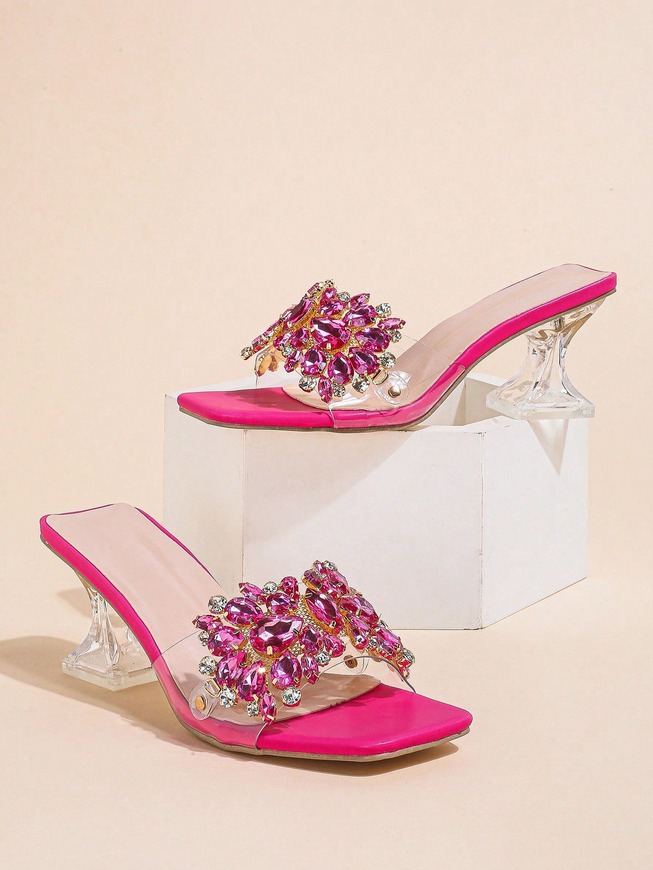 Jewelled Decor Clear Sculptural Heeled Mule Sandals, Ladies' Gold High Heel Sandals With Jewel Detail And Unique Heel