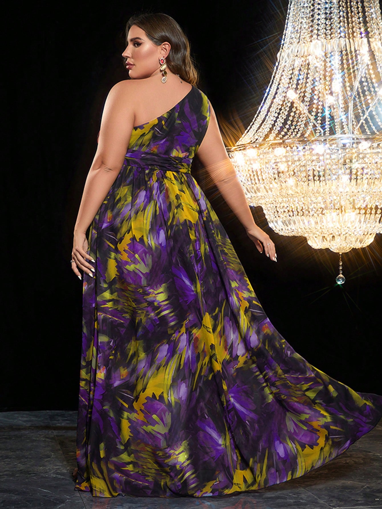 Plus Size Printed One Shoulder And Split At The Thigh Chiffon Dress