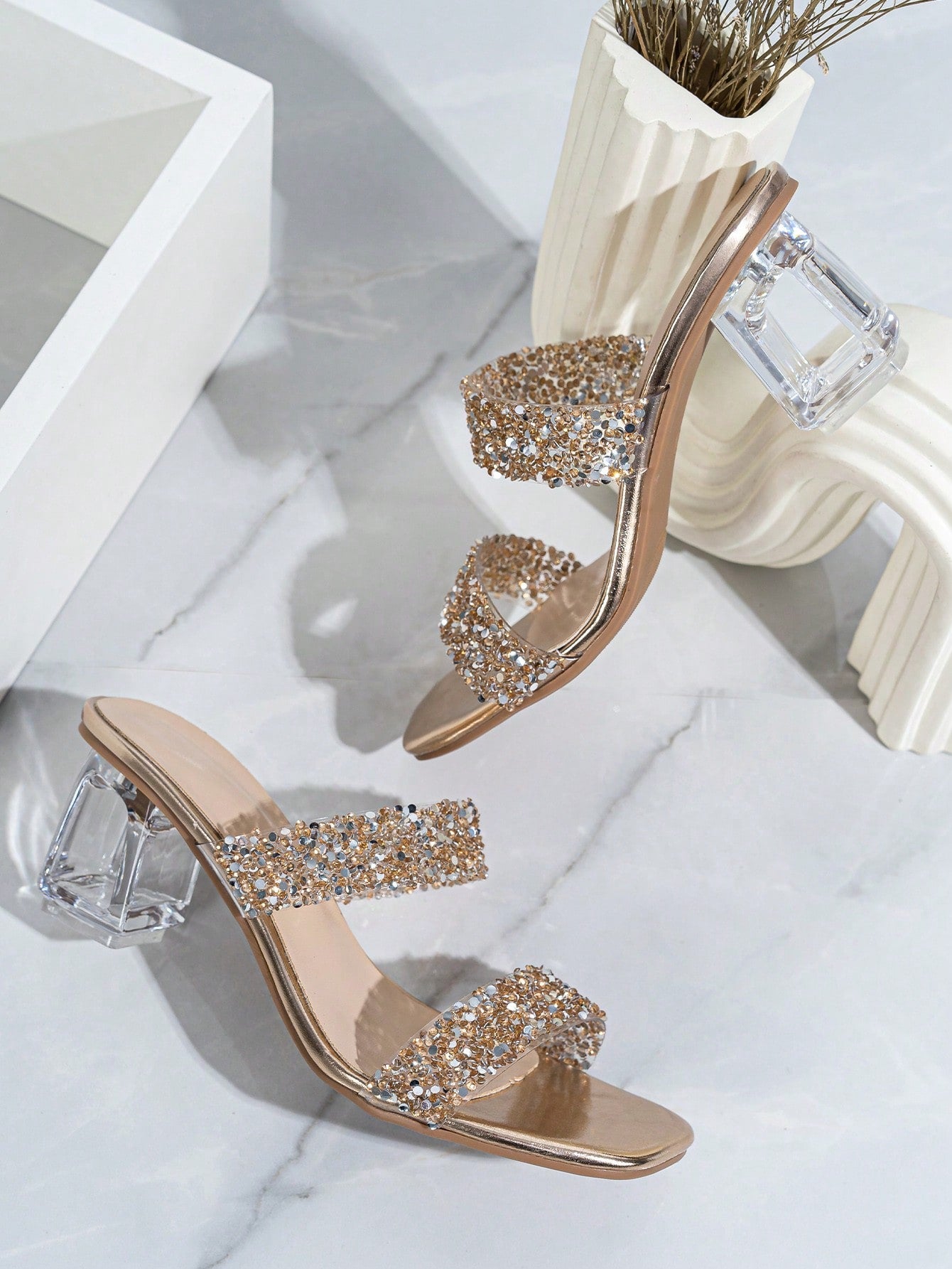 Women Rhinestone Decor Clear Chunky Heeled Mule Sandals, Glamorous Gold Glass Heeled Sandals