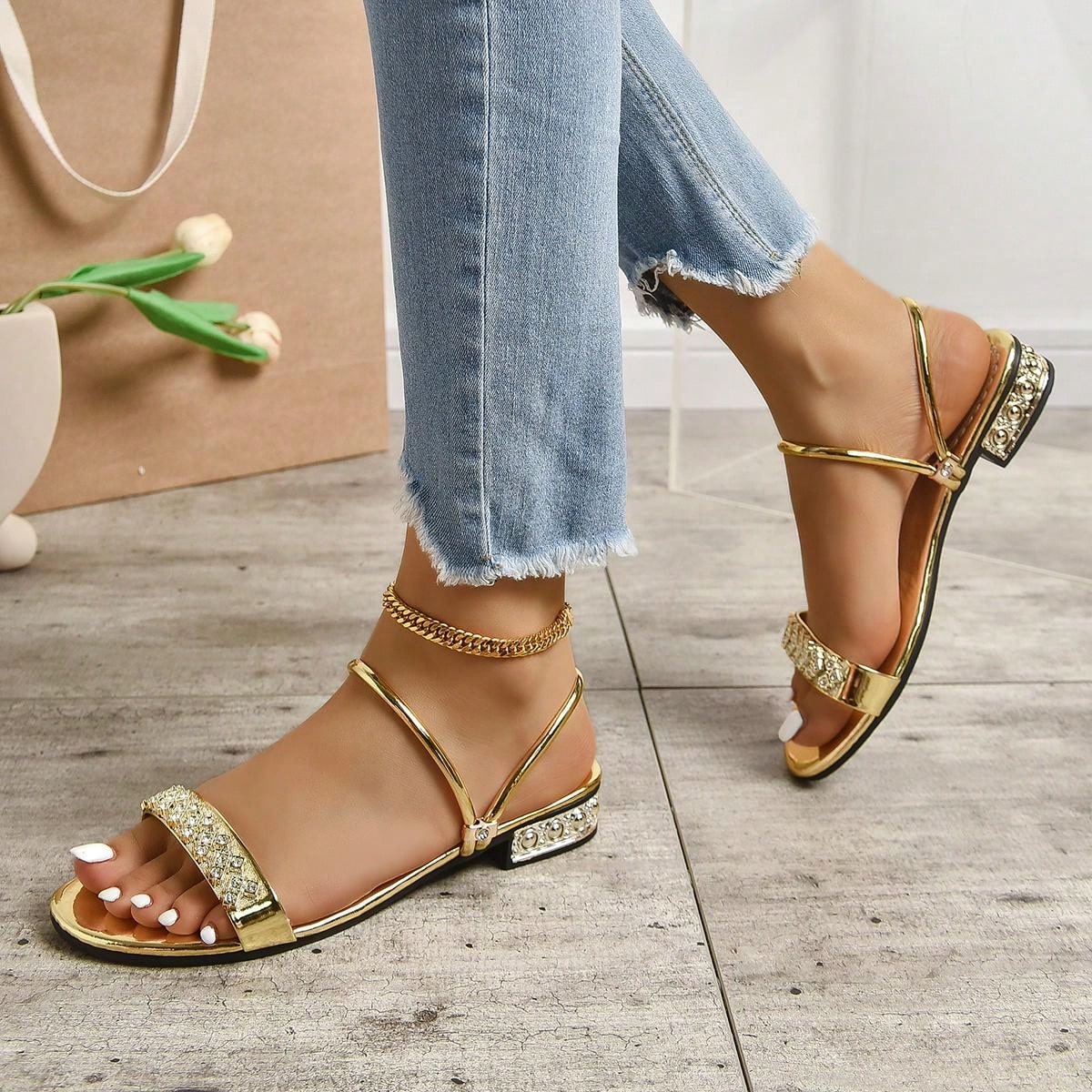 Women Metallic Rhinestone Decor Slide Sandals, Glamorous Sandals