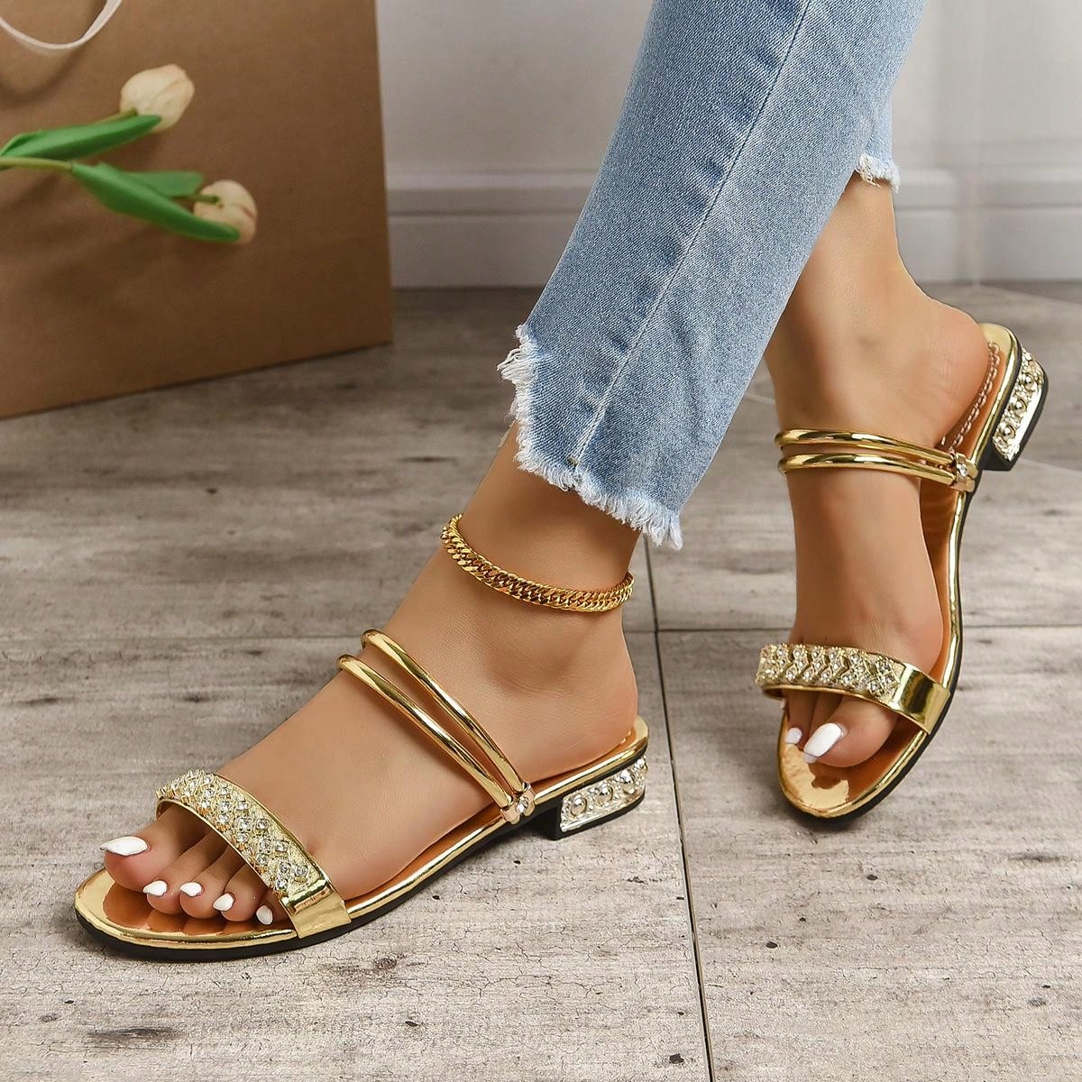 Women Metallic Rhinestone Decor Slide Sandals, Glamorous Sandals