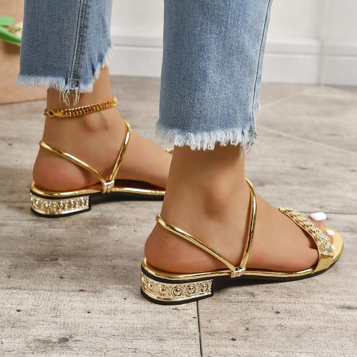 Women Metallic Rhinestone Decor Slide Sandals, Glamorous Sandals