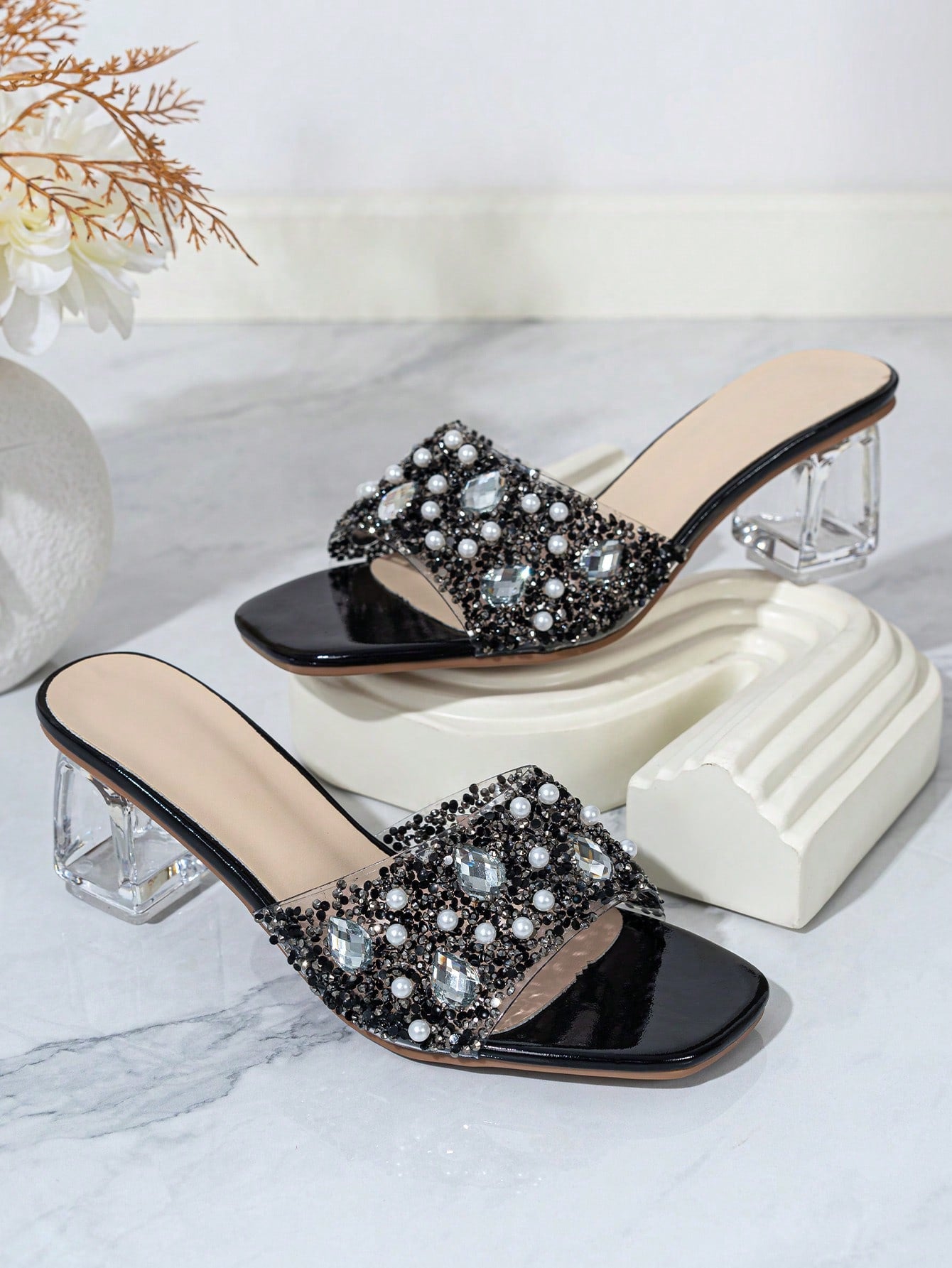 Women Rhinestone Decor Clear Chunky Heeled Mule Sandals, Glamorous Gold Glass Heeled Sandals