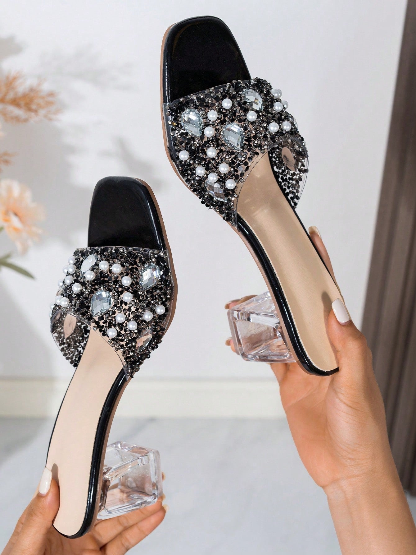 Women Rhinestone Decor Clear Chunky Heeled Mule Sandals, Glamorous Gold Glass Heeled Sandals