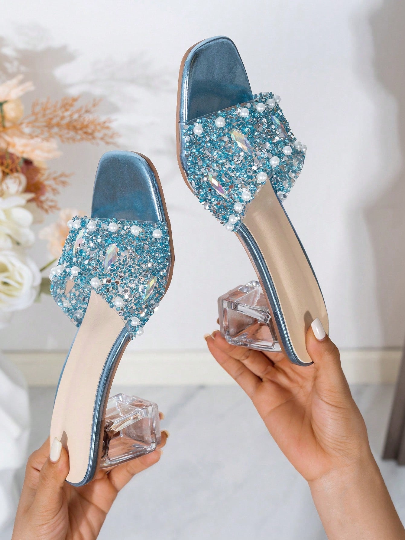 Women Rhinestone Decor Clear Chunky Heeled Mule Sandals, Glamorous Gold Glass Heeled Sandals