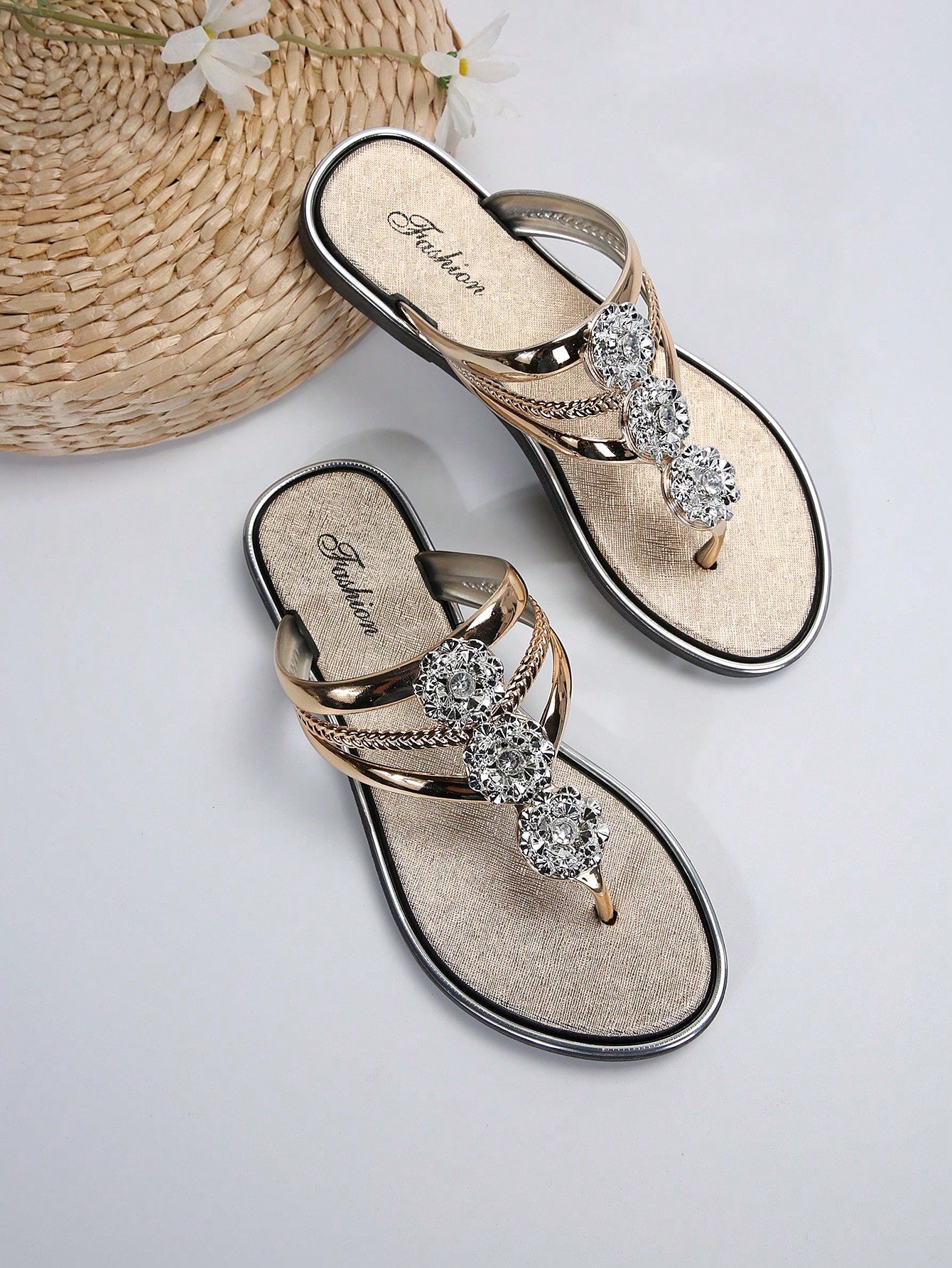 Funky Outdoors Thong Sandals For Women, Metallic Rhinestone & Flower Decor Plain PVC Toe Post Flat Sandals