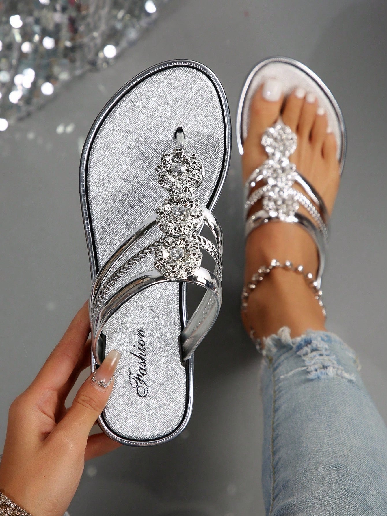 Funky Outdoors Thong Sandals For Women, Metallic Rhinestone & Flower Decor Plain PVC Toe Post Flat Sandals