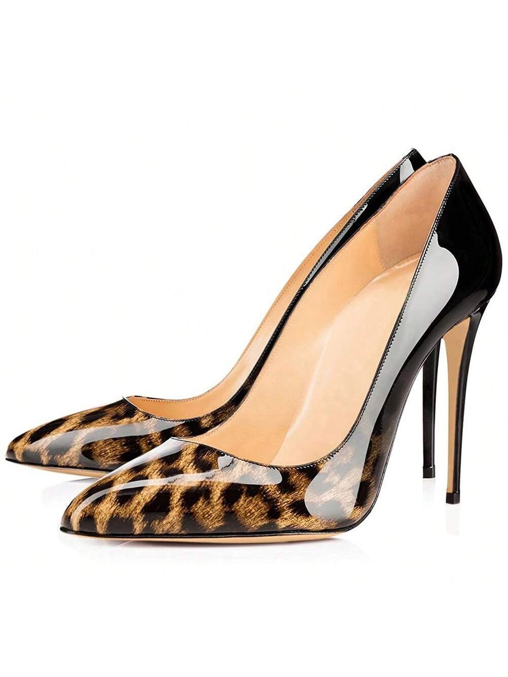 Patent Leather Animal Print Pointy Toes High Heels Pumps