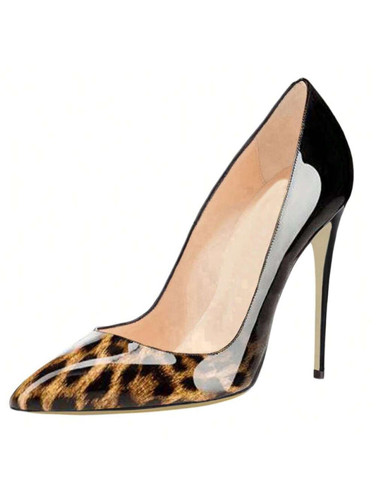 COLETER Pointy Toe Pumps For Women,Patent Gradient Animal Print High Heels Usual Dress Shoes
