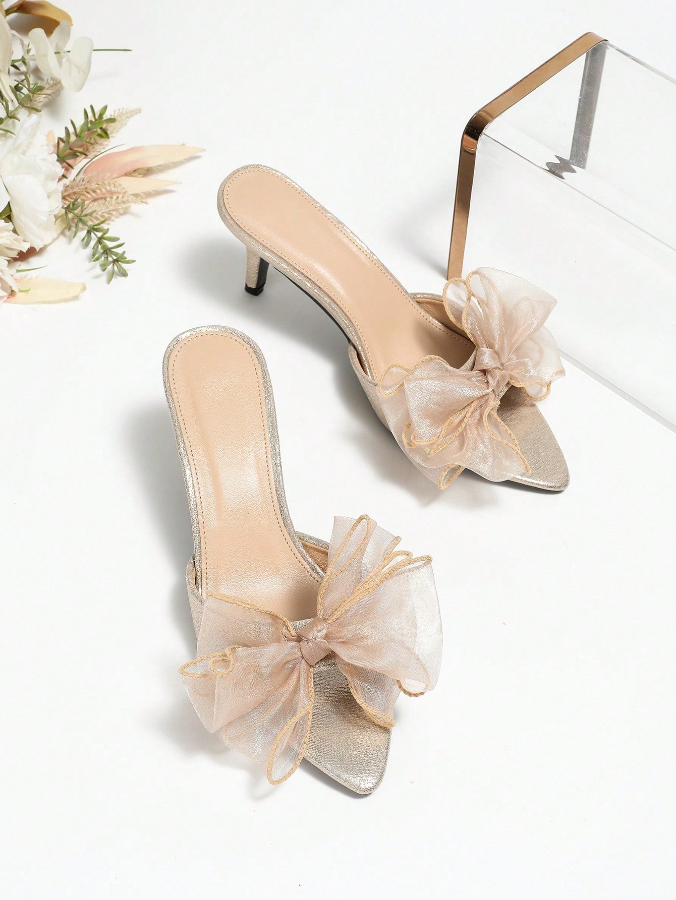 Women Bow Decor Stiletto Heeled Mule Sandals, Glamorous Summer Heeled Sandals