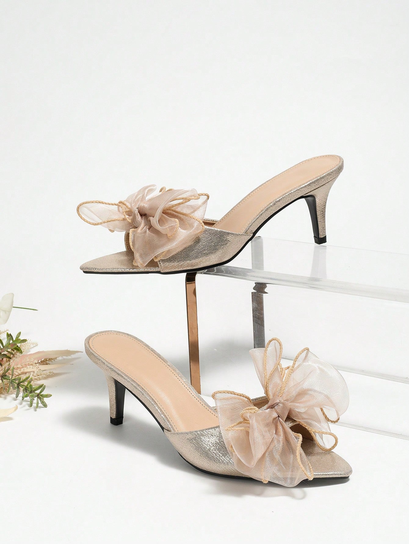 Women Bow Decor Stiletto Heeled Mule Sandals, Glamorous Summer Heeled Sandals