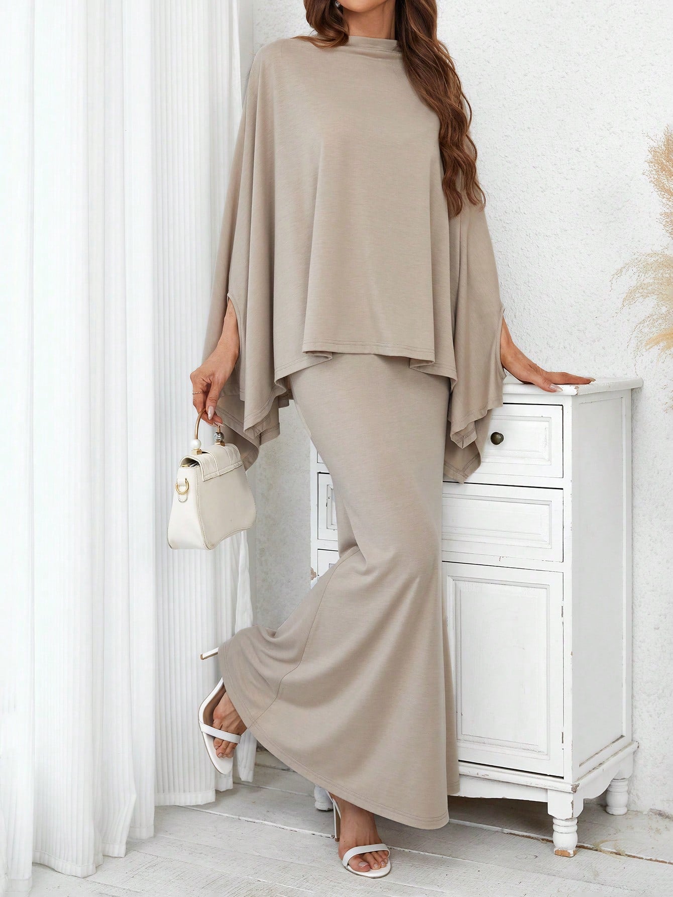 Ladies Solid Color Batwing Sleeve Top And Skirt Set