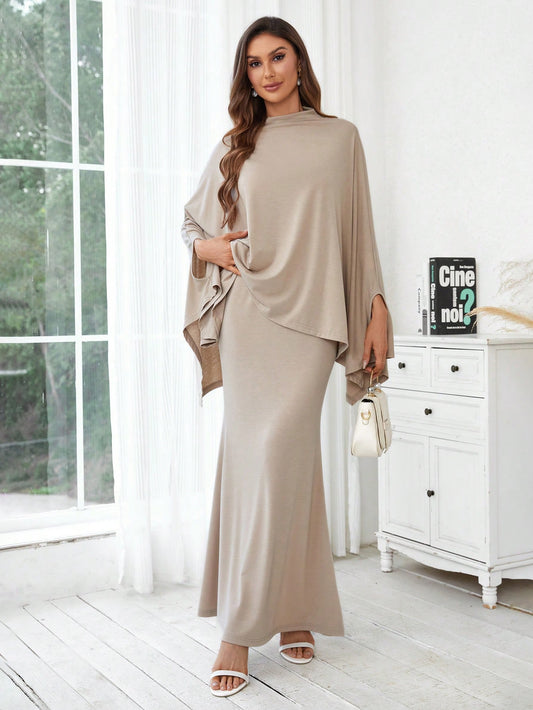 Ladies Solid Color Batwing Sleeve Top And Skirt Set