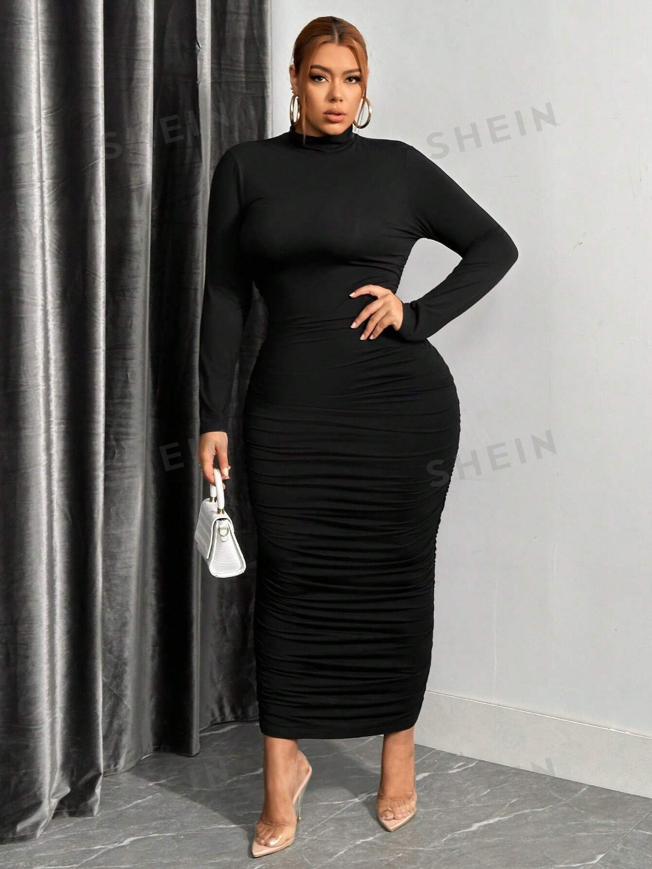 SXY Plus Size Sexy Ruched Long Sleeve Turtleneck Bodycon Dress