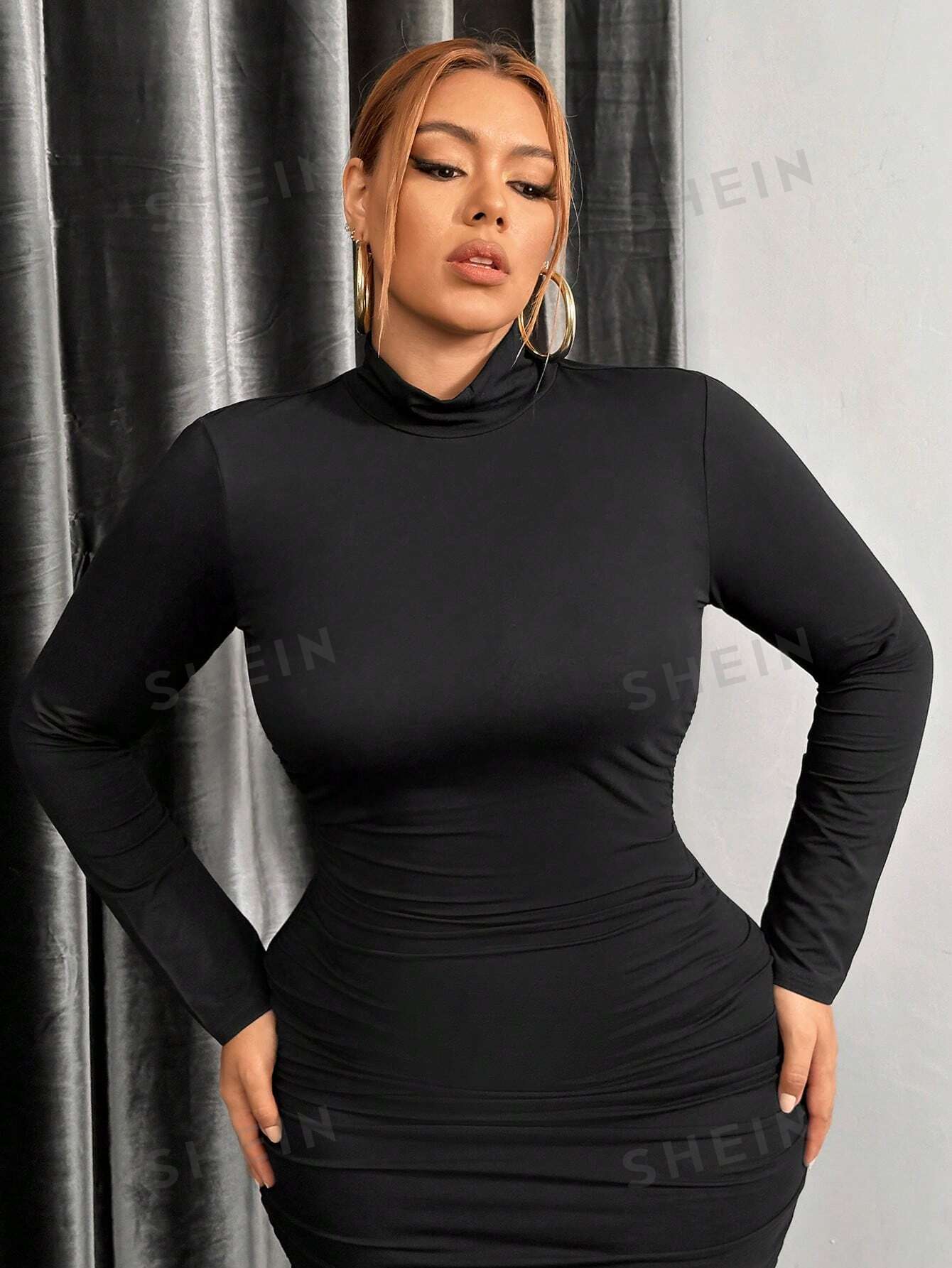 SXY Plus Size Sexy Ruched Long Sleeve Turtleneck Bodycon Dress