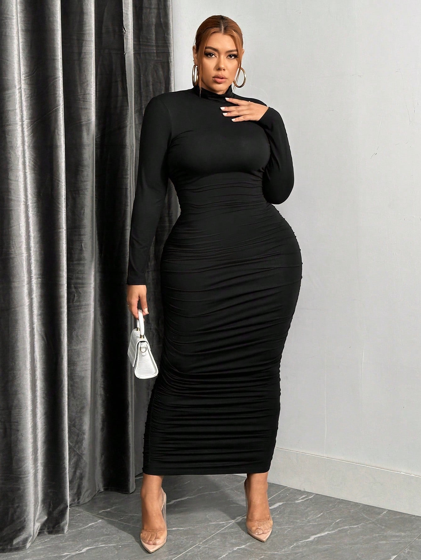 SXY Plus Size Sexy Ruched Long Sleeve Turtleneck Bodycon Dress