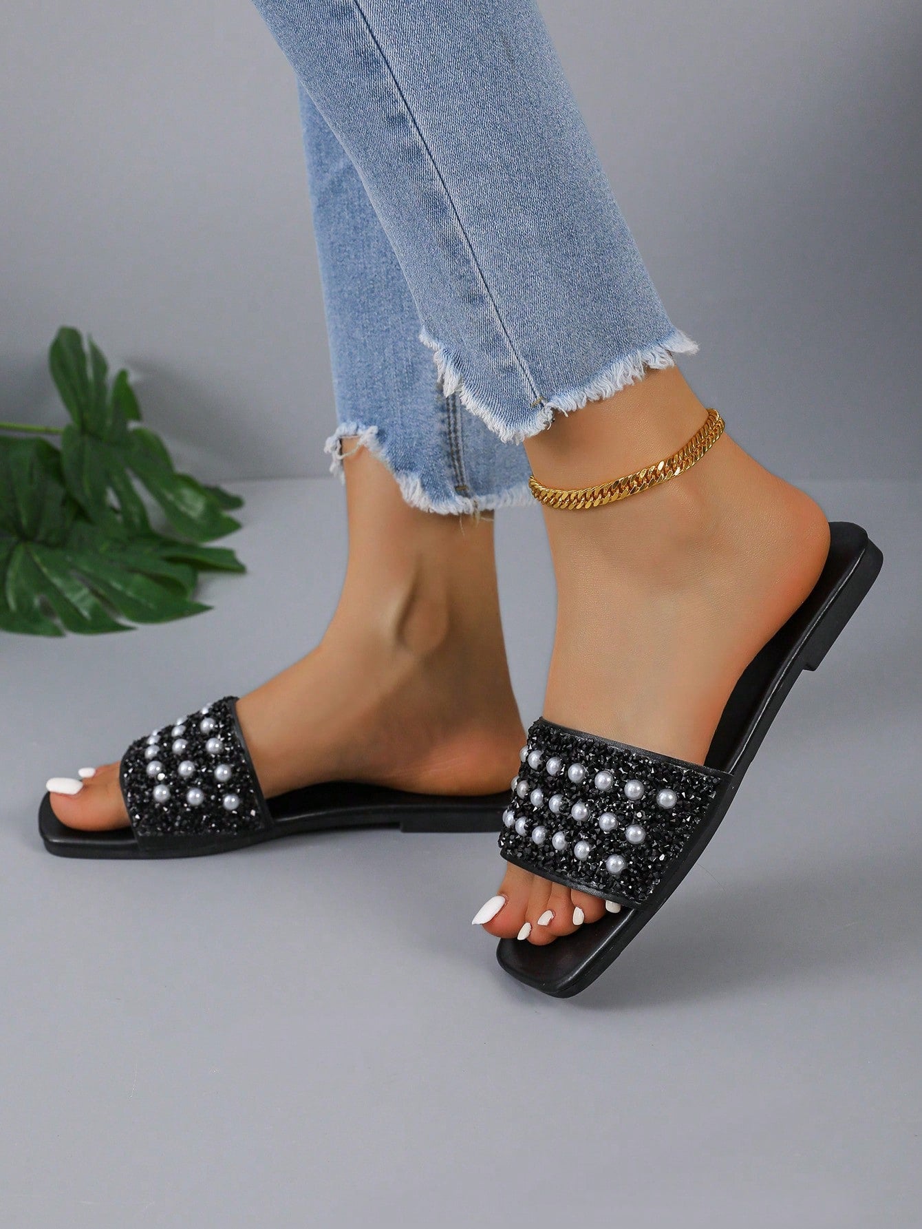 Women's Fashion Pearl Decoration Flat Sandals, Comfortable, Casual, French Style, White, Plus Size, Open Toe, Square Toe, Pearl Design, Goddess Style, Summer Beachwear