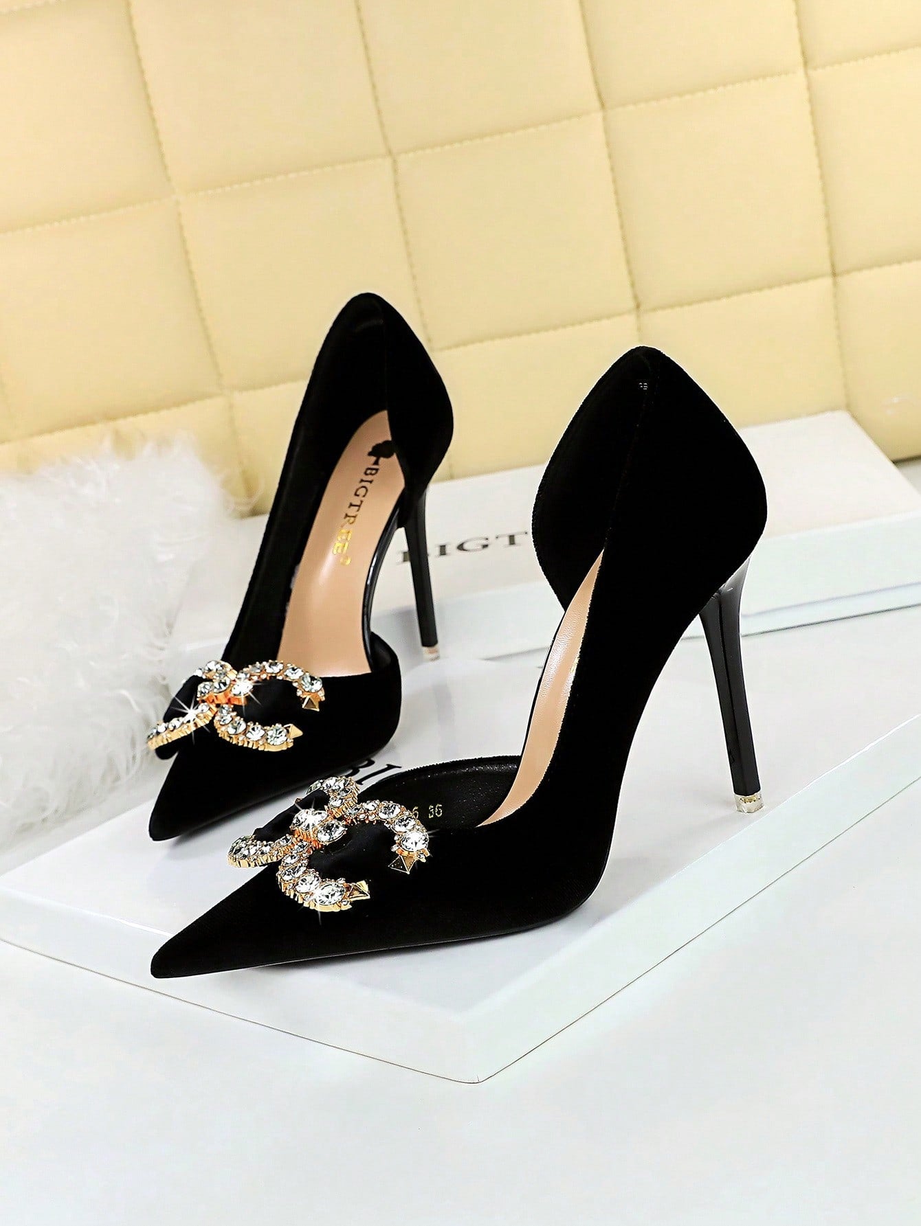 Party High Heels, Thin Heels, Shallow Mouth, Pointed Toe, Hollow Out, Plus Velvet, Rhinestone Buckle, Bow-knot, Single Shoe