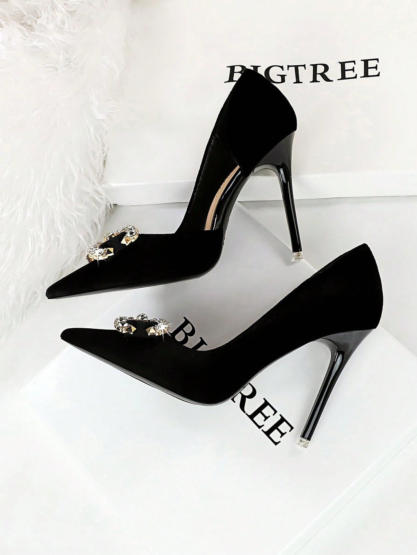 Party High Heels, Thin Heels, Shallow Mouth, Pointed Toe, Hollow Out, Plus Velvet, Rhinestone Buckle, Bow-knot, Single Shoe