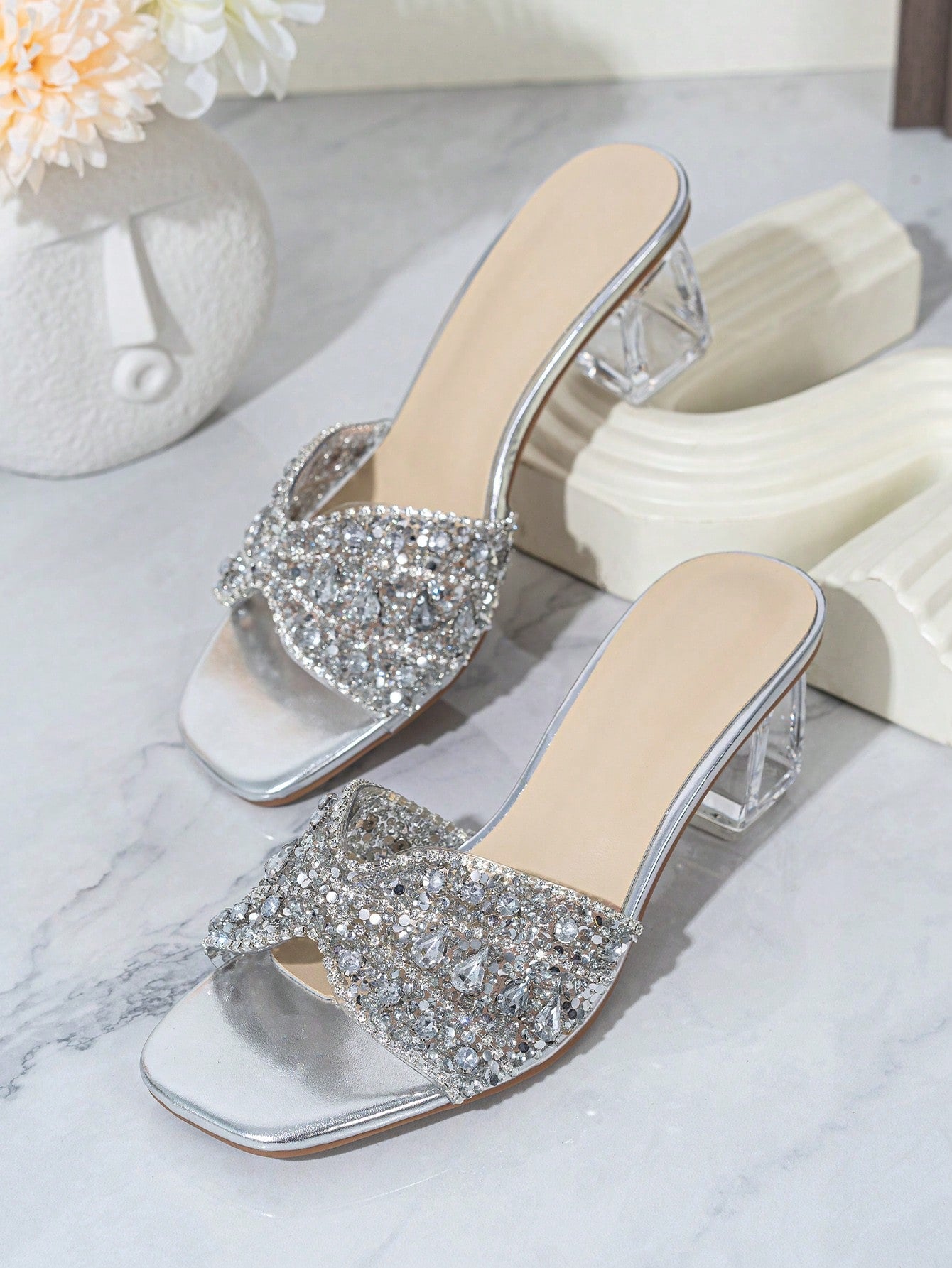 Women Rhinestone Decor Clear Chunky Heeled Mule Sandals, Glamorous Gold Glass Heeled Sandals