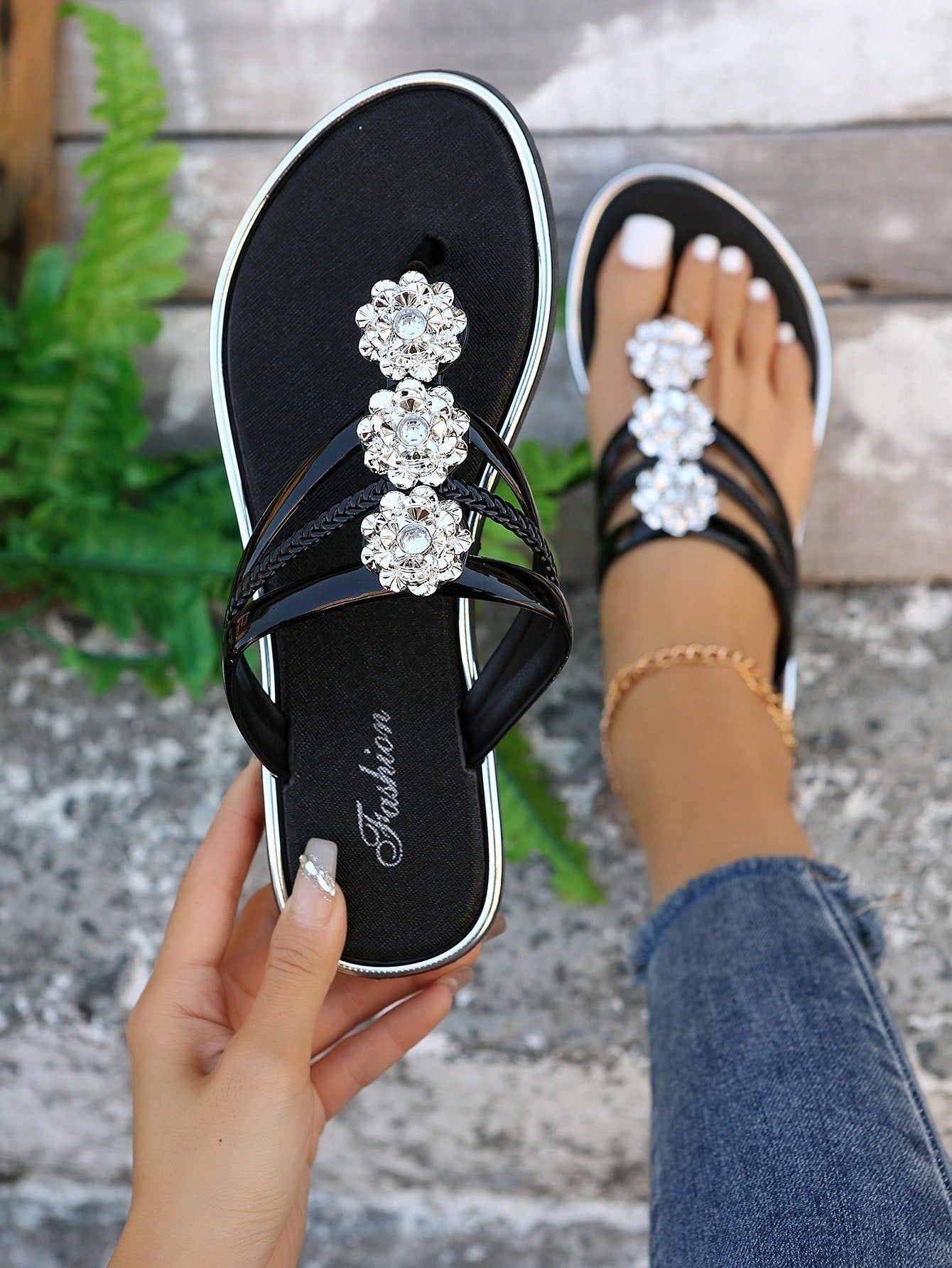 Funky Outdoors Thong Sandals For Women, Metallic Rhinestone & Flower Decor Plain PVC Toe Post Flat Sandals