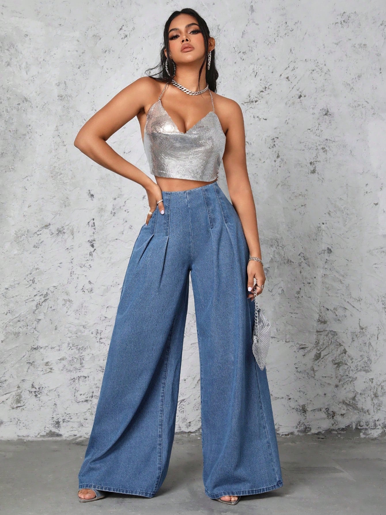 Sexy Pleated Wide Leg Denim Pants