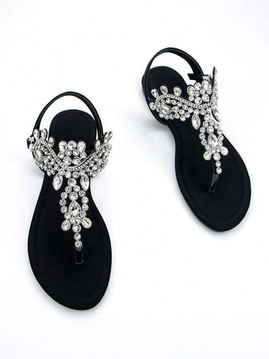 Women's Gorgeous Rhinestone Decor Black Lycra Fabric Comfortable Flat Sandals With Ankle Strap