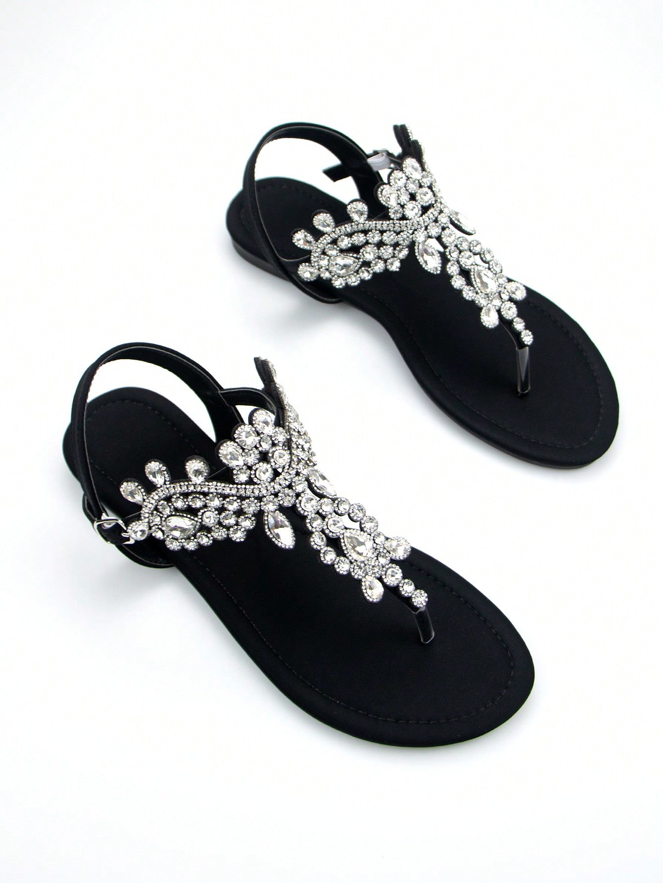 Women's Gorgeous Rhinestone Decor Black Lycra Fabric Comfortable Flat Sandals With Ankle Strap