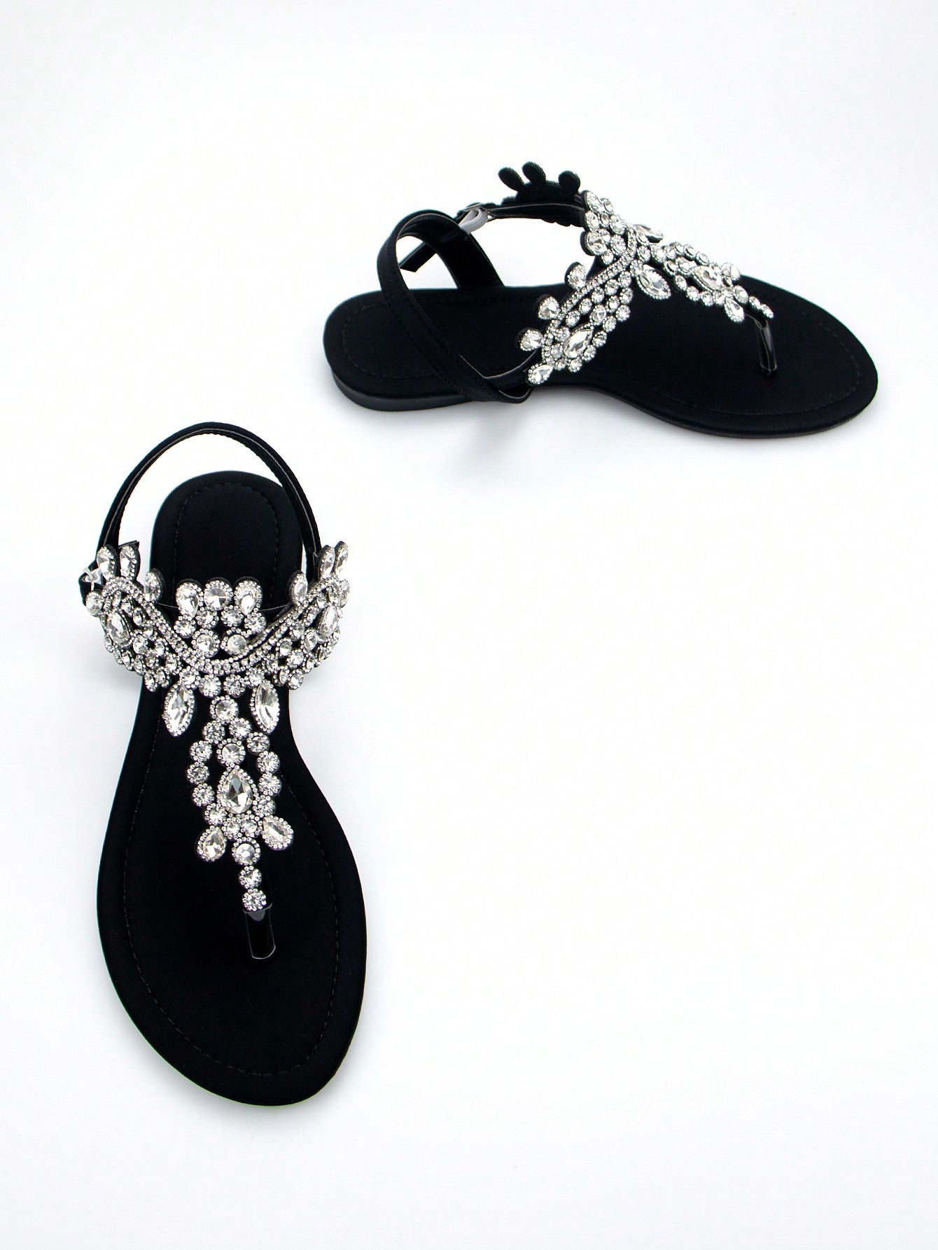 Women's Gorgeous Rhinestone Decor Black Lycra Fabric Comfortable Flat Sandals With Ankle Strap