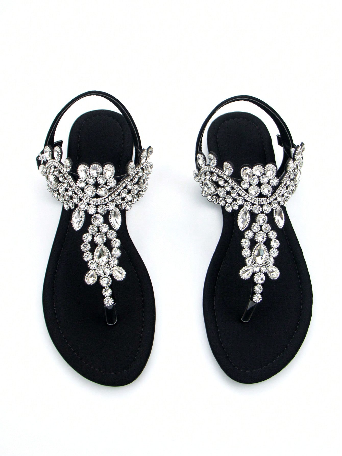 Women's Gorgeous Rhinestone Decor Black Lycra Fabric Comfortable Flat Sandals With Ankle Strap