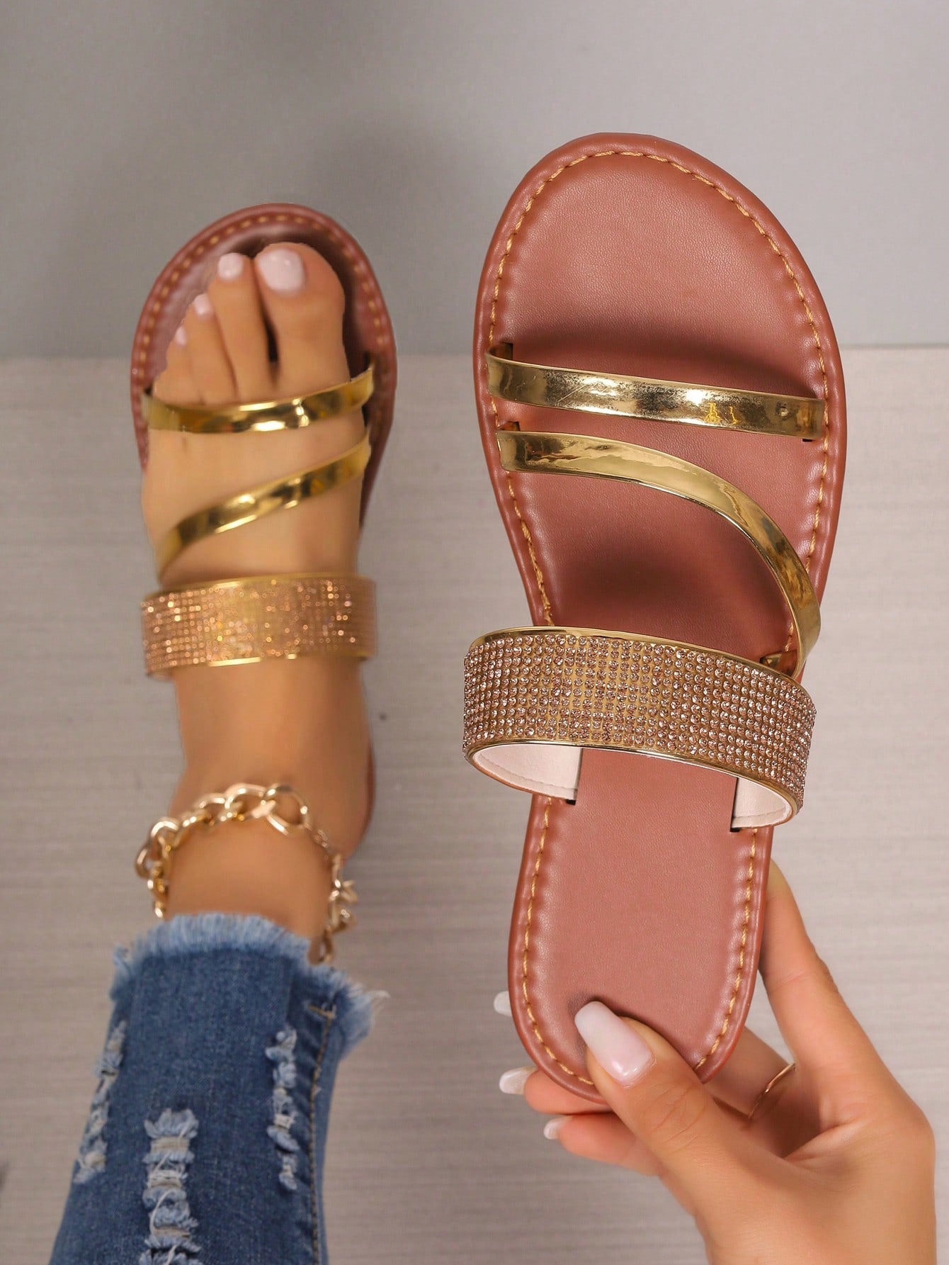 Women Metallic Rhinestone Decor Slide Sandals, Glamorous Summer Flat Sandals