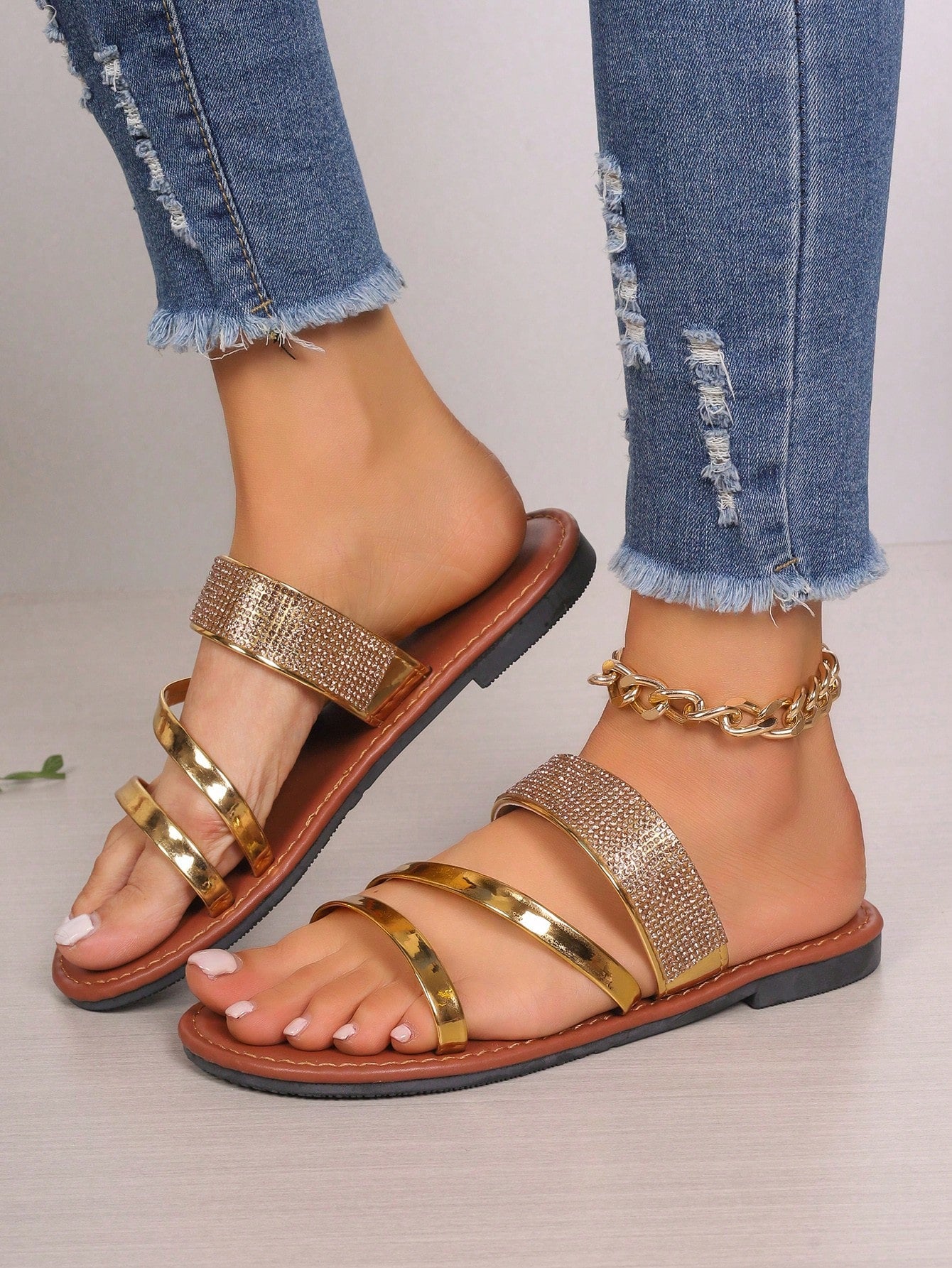 Women Metallic Rhinestone Decor Slide Sandals, Glamorous Summer Flat Sandals