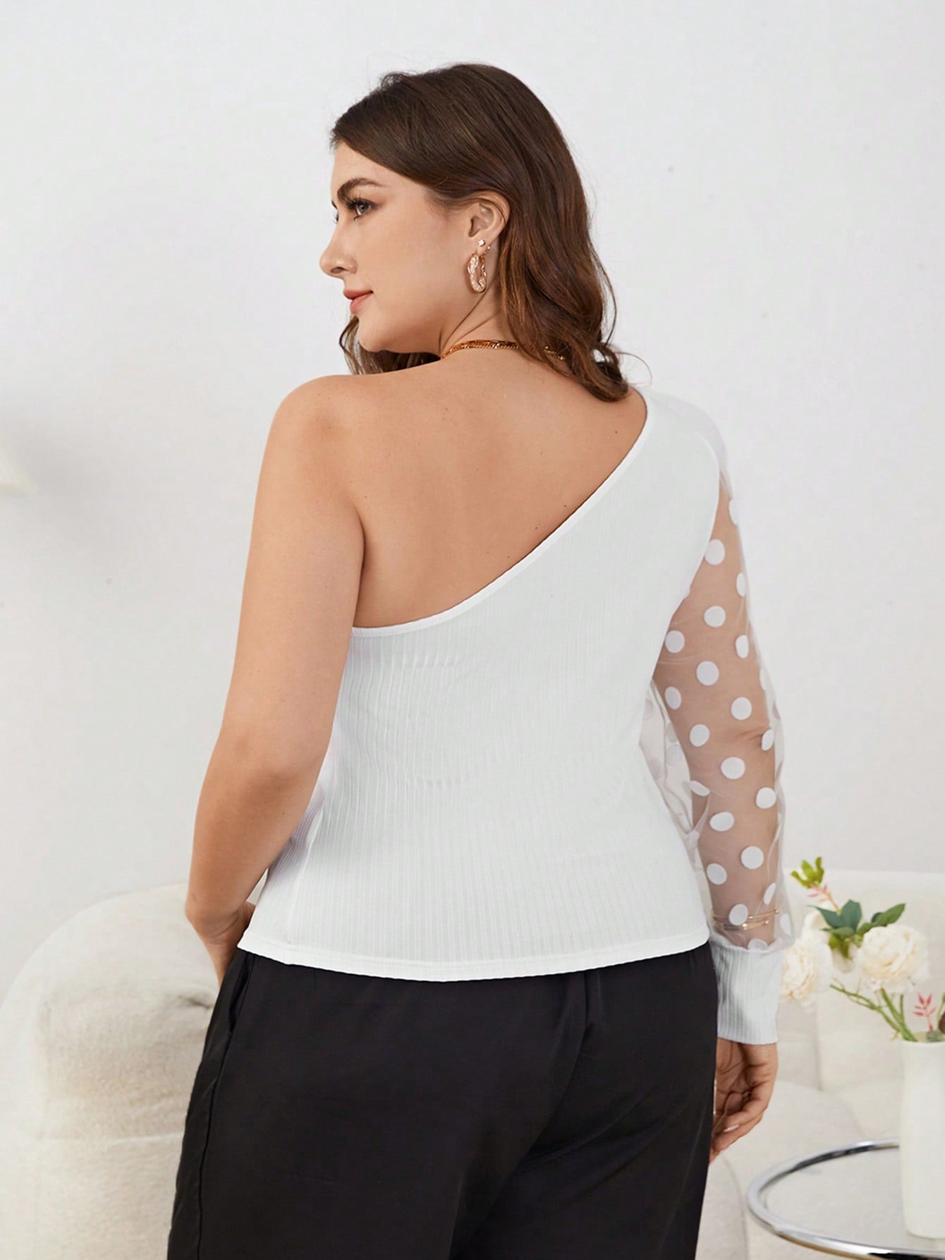 Plus Size Asymmetric Neck Polka Dot Mesh Spliced T-Shirt