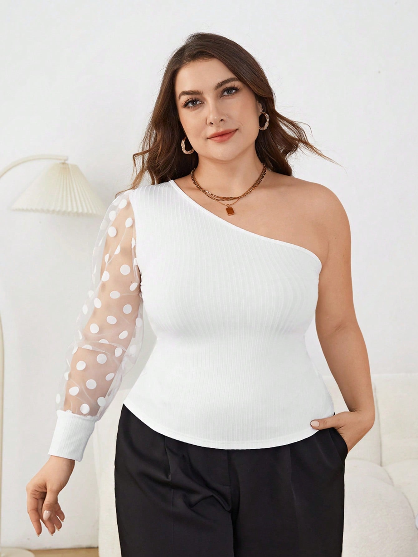 Plus Size Asymmetric Neck Polka Dot Mesh Spliced T-Shirt