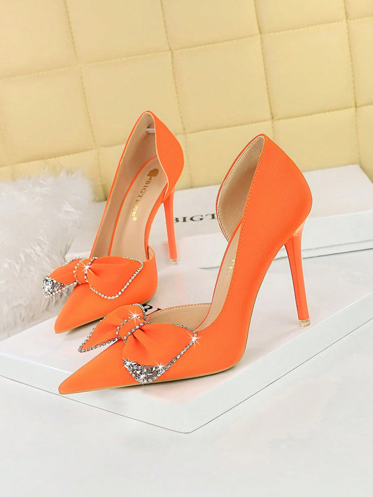 1298-H31 Korean Style Fashion High Heels With Thin Heels, Super High & Shallow Mouth Pointed Toe, Side Cutout, Rhinestone & Bowtie Decor, Pumps