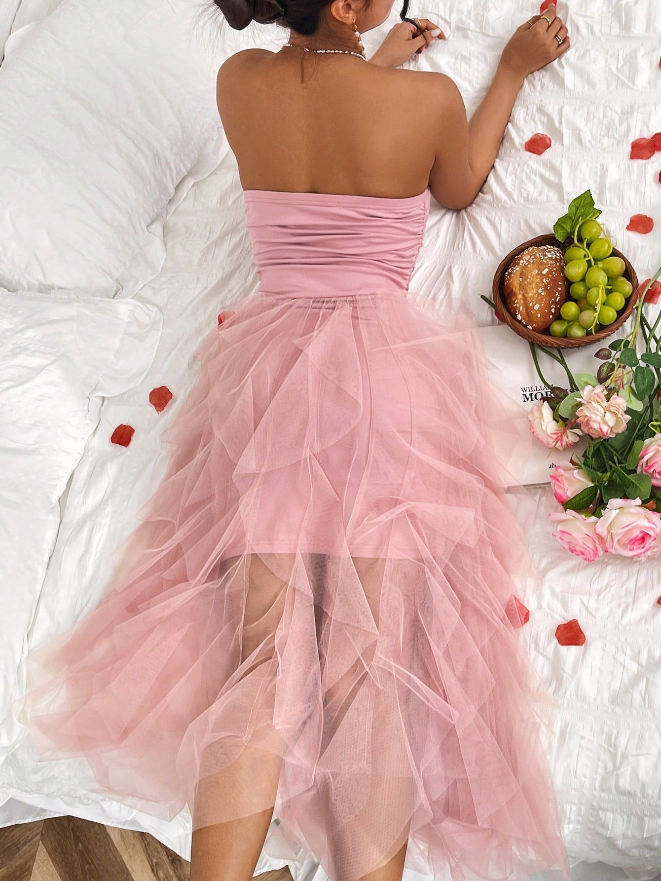 Solid Color Patchwork Mesh & Pleated Strapless Dress