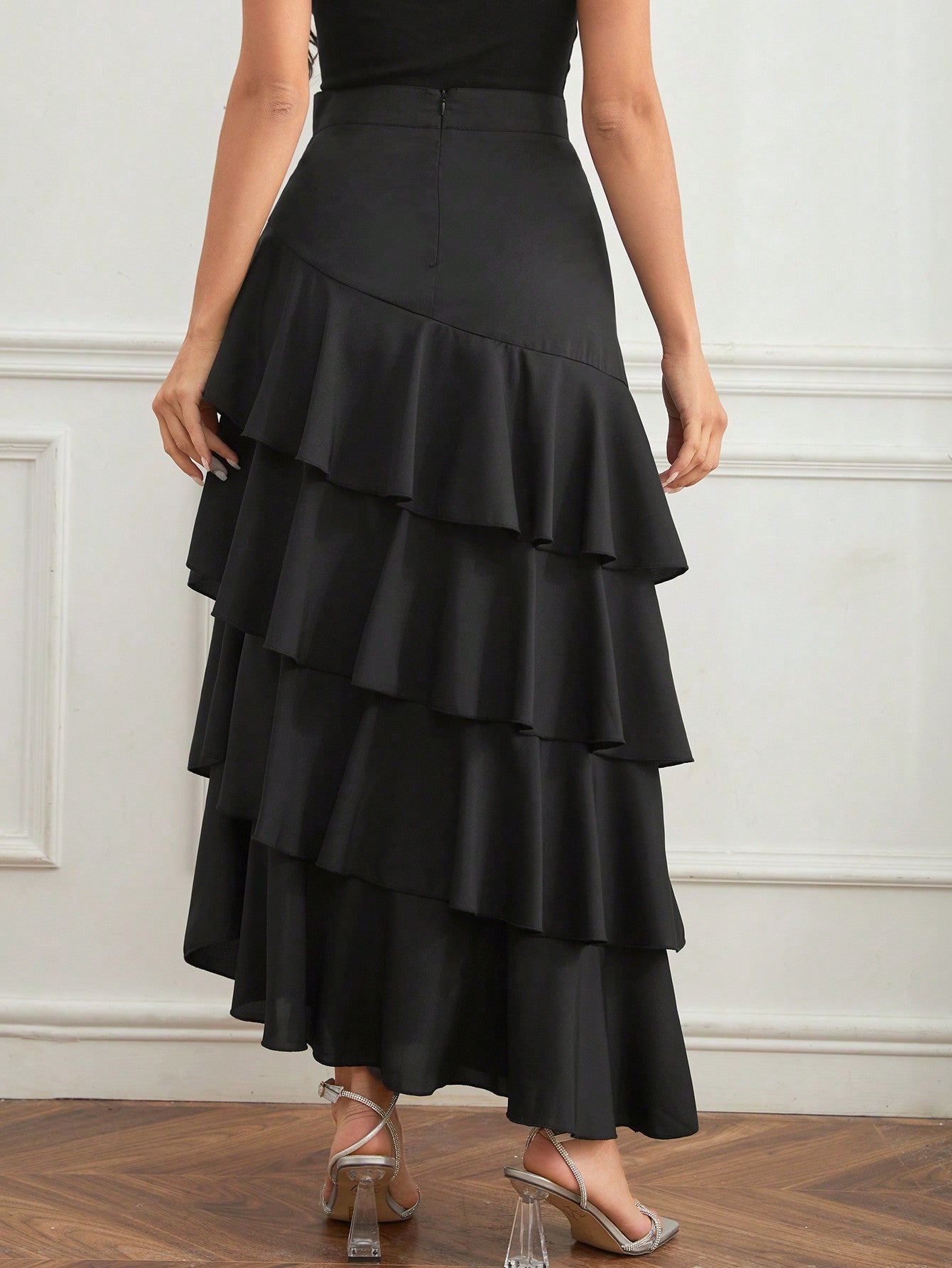 Elegant Layer Ruffle Hem Maxi Skirt