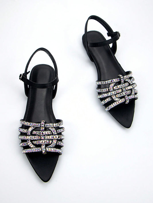 Women's Elegant Rhinestone Band & Woven Ankle Strap Black Suede Pointed Toe Flat Sandals For Daily Party