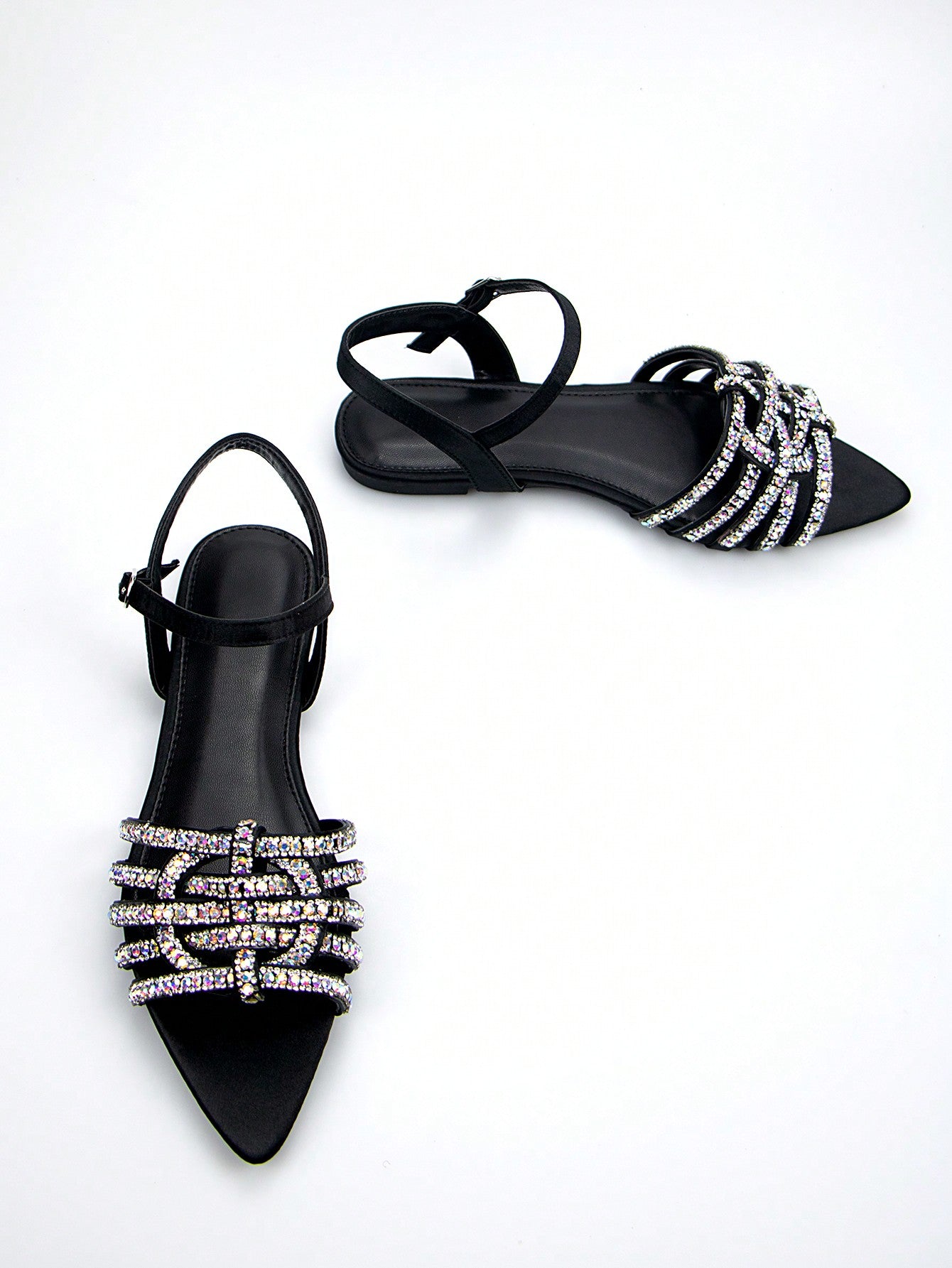 Women's Elegant Rhinestone Band & Woven Ankle Strap Black Suede Pointed Toe Flat Sandals For Daily Party