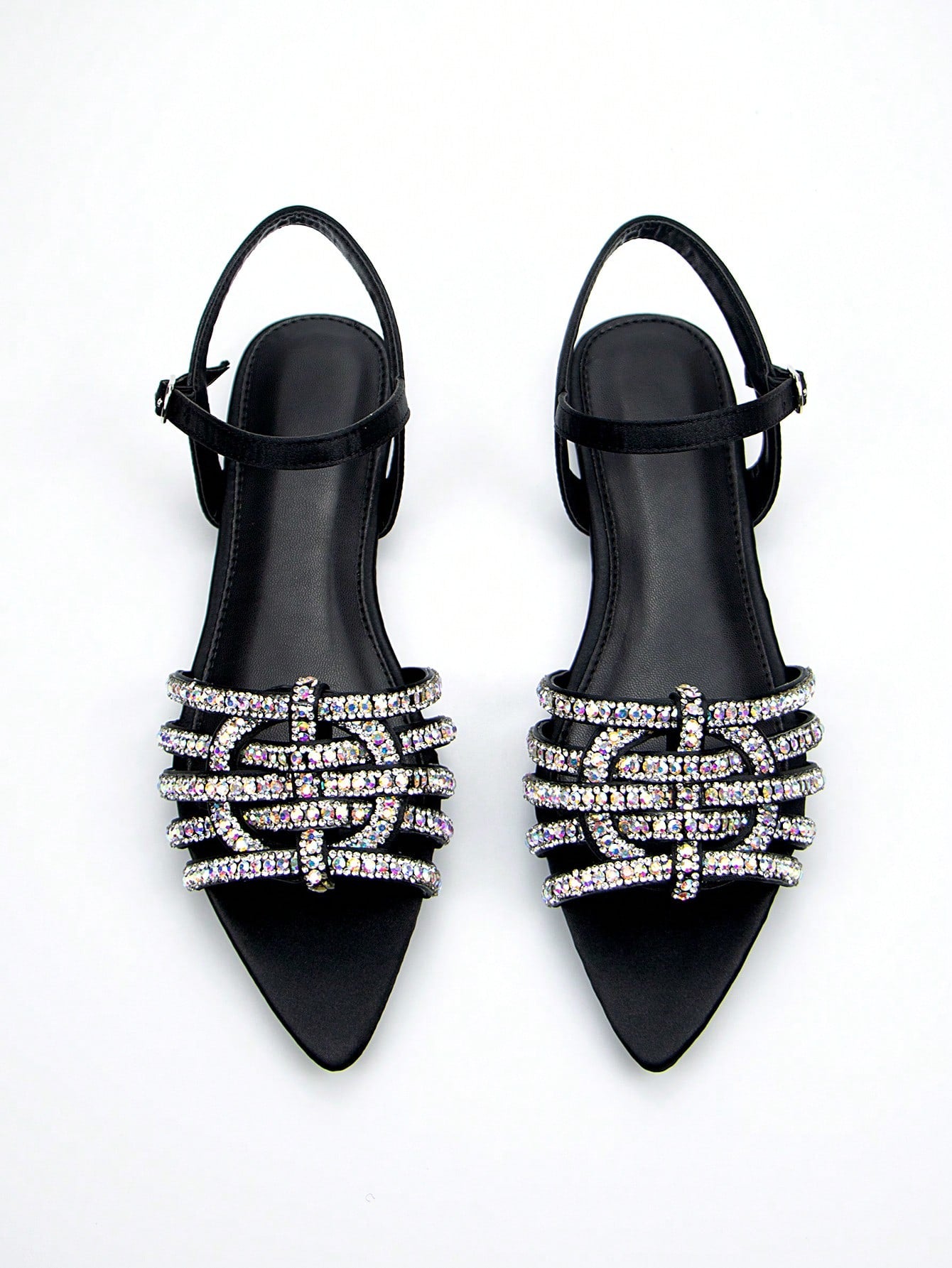 Women's Elegant Rhinestone Band & Woven Ankle Strap Black Suede Pointed Toe Flat Sandals For Daily Party