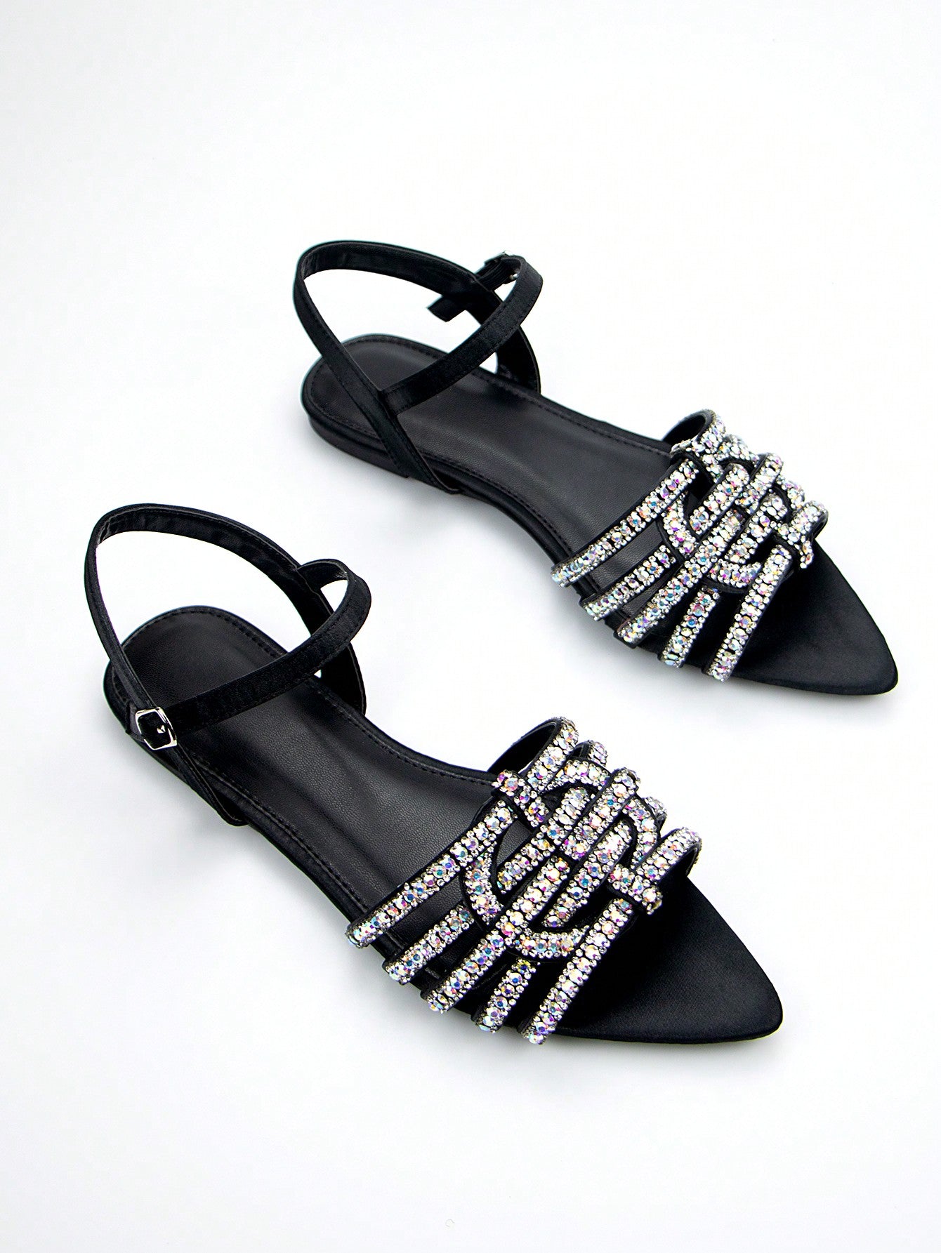 Women's Elegant Rhinestone Band & Woven Ankle Strap Black Suede Pointed Toe Flat Sandals For Daily Party