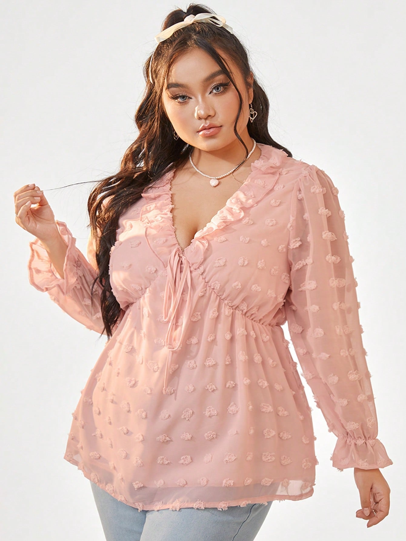 Plus Size Solid Color Ruffle Trim Shirt With Sash Design