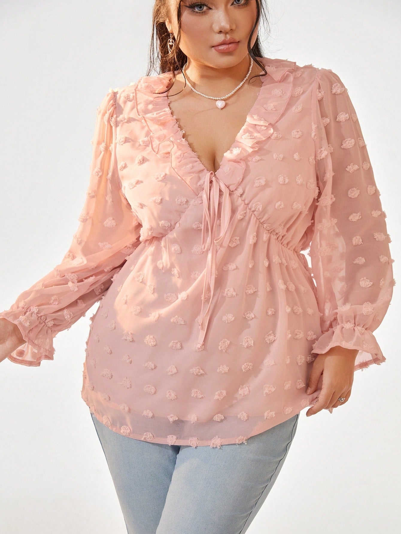 Plus Size Solid Color Ruffle Trim Shirt With Sash Design