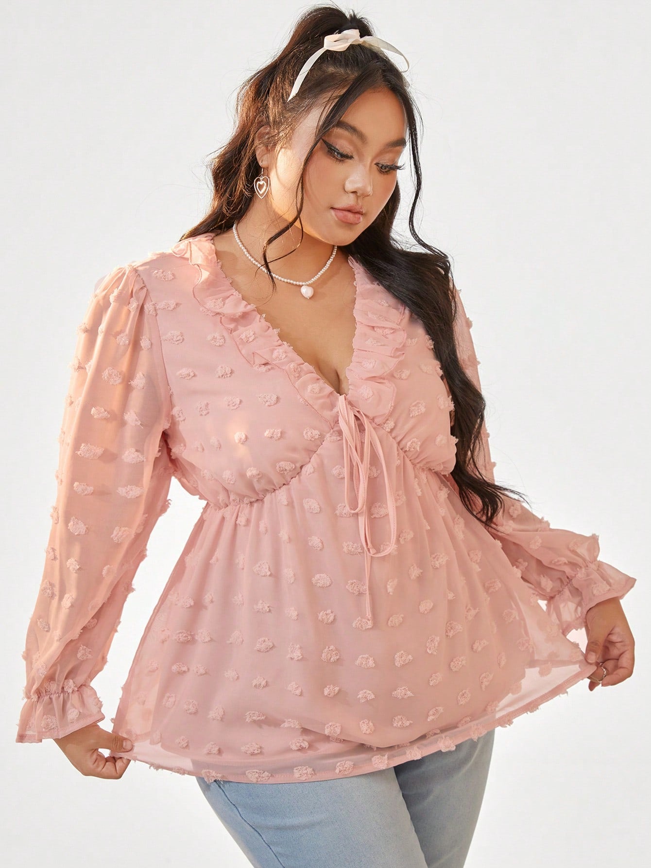 Plus Size Solid Color Ruffle Trim Shirt With Sash Design